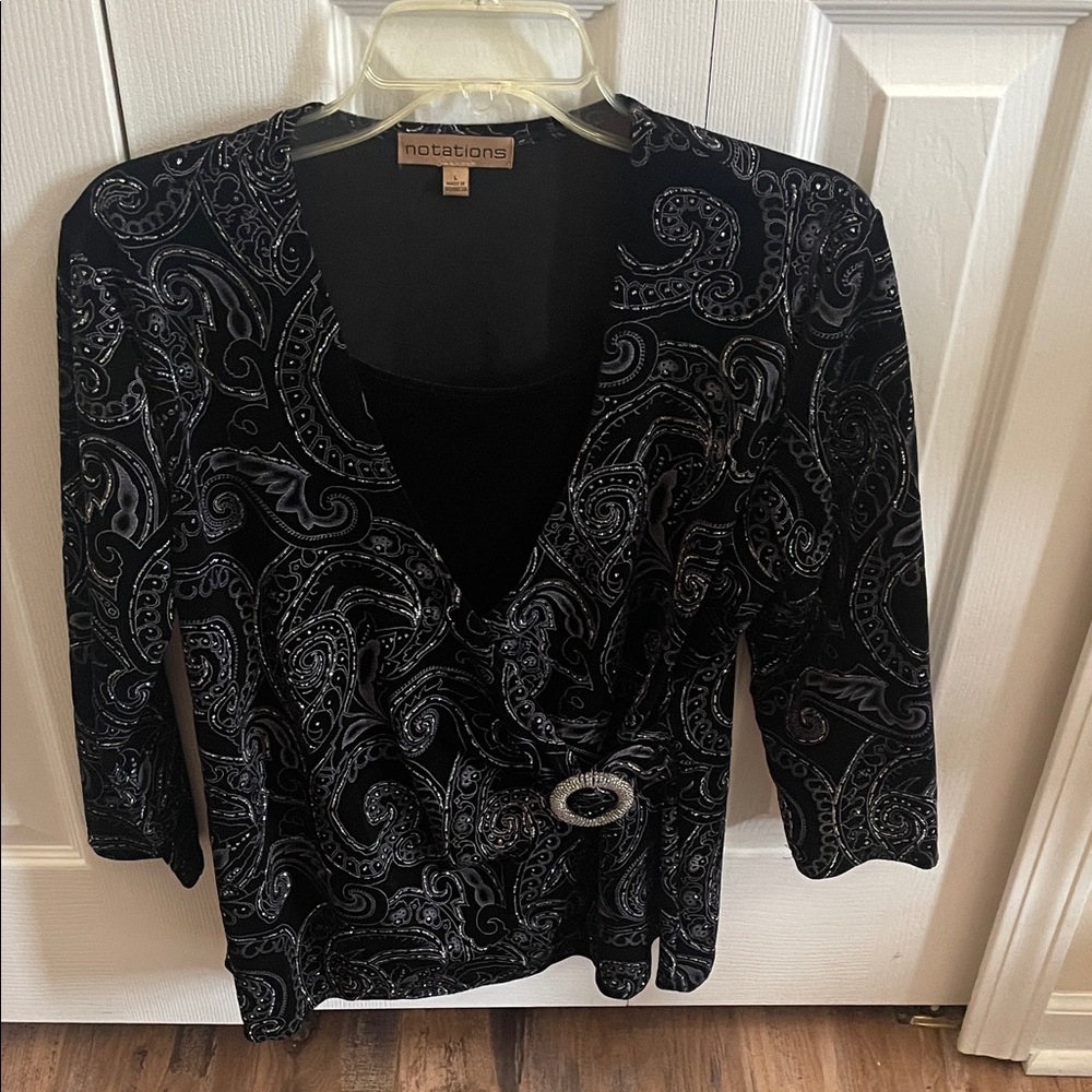 Notations Black Blazer with Silver Paisley Design